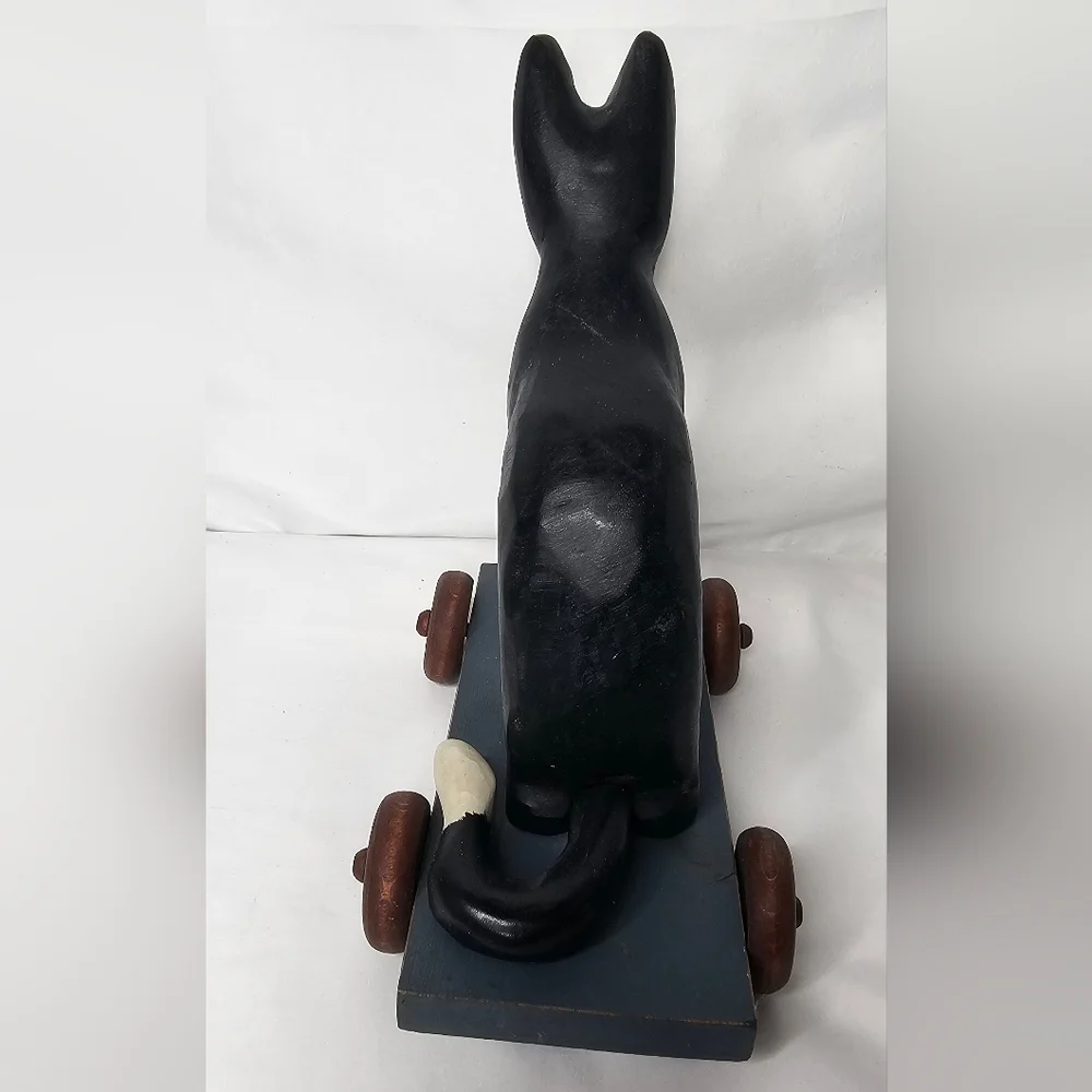 Vintage Hand Painted Wooden Tuxedo Cat Pull Toy Figurine on Wheels
